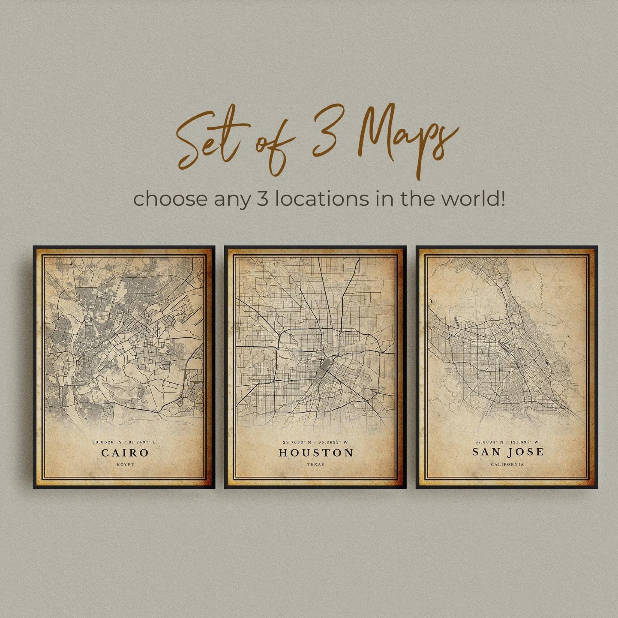 Set of 3 ANY CITY Vintage Map Posters | Personalized Antique Map Prints,  Retro Travel Wall Art for Home Office, Custom Locations, City Maps