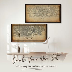 Set von benutzerdefinierten Orten Karte Drucke, Vintage Panorama Stadt Poster, personalisierte antike Karte Kunst, Haus & Büro Wandkunst, große alte Karten