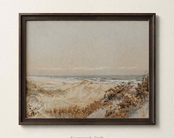 Coastal Dune Landscape Print, Neutral Beach Wall Art, Serene Seascape Painting