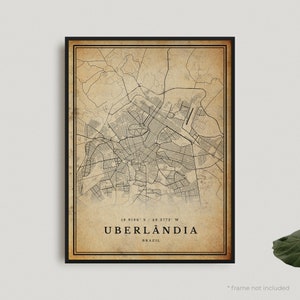 Impressão de mapa vintage de Uberlândia, pôster de mapa retrô de Uberlândia, mapa de estilo antigo, Brasil, arte de parede de escritório, presente de aniversário de inauguração de casa | VW491
