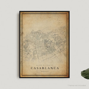 Impression de carte vintage de Casablanca, affiche de carte rétro de Casablanca, carte de style ancien, Maroc, oeuvre d'art murale de bureau, cadeau d'anniversaire de pendaison de crémaillère | VW285