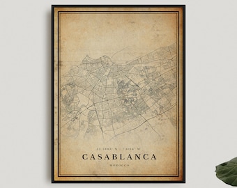 Casablanca Vintage Map Print, Casablanca Retro Map Poster, Antique Style Map, Morocco, Office Wall Art, Housewarming Birthday Gift | VW285