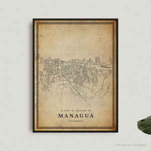 Managua Vintage Map Print, Managua Retro Map Poster, Antique Style Map, Nicaragua, Office Wall Art, Housewarming Birthday Gift | VW362