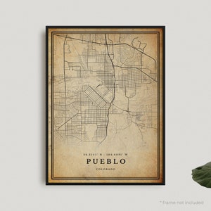 Impresión de mapa vintage de Pueblo, póster de mapa retro de Pueblo, mapa de estilo antiguo, Colorado, arte de pared de oficina, regalo de cumpleaños de inauguración de la casa / VU259