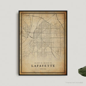 Impression de carte vintage Lafayette, affiche de carte rétro Lafayette, carte de Style ancien, Indiana, art mural de bureau, cadeau d'anniversaire de pendaison de crémaillère | VU481