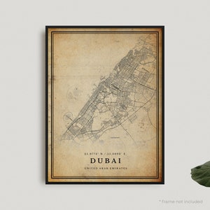 Impresión de mapa vintage de Dubái, póster de mapa retro de Dubái, mapa de estilo antiguo, Emiratos Árabes Unidos, pared de oficina, regalo de cumpleaños de inauguración de la casa / VW318