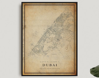 Dubai Vintage Map Print, Dubai Retro Map Poster, Antique Style Map, United Arab Emirates, Office Wall, Housewarming Birthday Gift | VW318