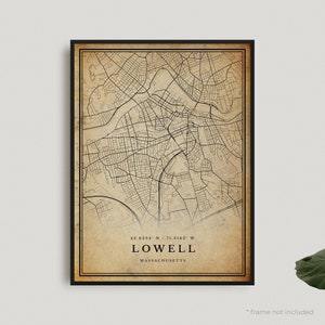 Lowell Vintage Map Print, Lowell Retro Map Poster, Antique Style Map, Massachusetts, Office Wall Art, Housewarming Birthday Gift | VU257