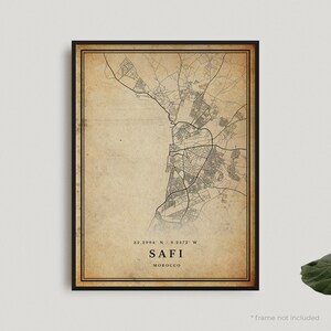 Impression de carte vintage Safi, affiche de carte rétro Safi, carte de style ancien, Maroc, oeuvre d'art murale de bureau, cadeau d'anniversaire de pendaison de crémaillère | VW363