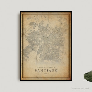 Impresión de mapa vintage de Santiago, póster de mapa retro de Santiago, mapa de estilo antiguo, Chile, arte de pared de oficina, regalo de cumpleaños de inauguración de la casa / VW142