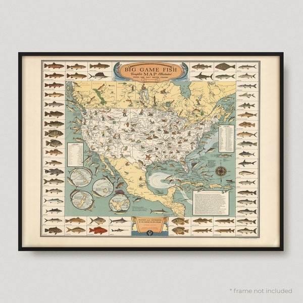 1936 Big Game Fish, World Kinds of Fish Vintage Map, World Kinds of Fish Antique Map | MP148