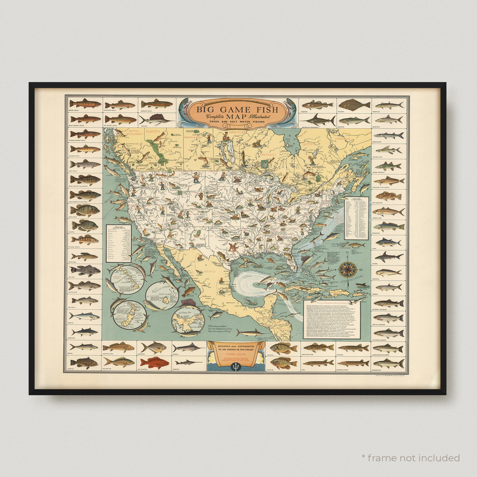 1936 Big Game Fish, World Kinds of Fish Vintage Map, World Kinds