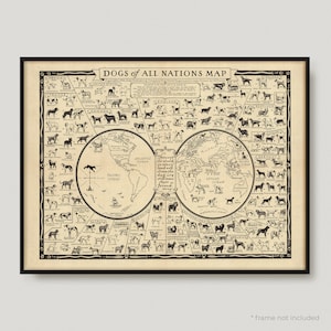 1936 kaart met honden van alle naties, vintage wereldkaart met soorten honden, antieke kaart met wereldsoorten honden | MP156