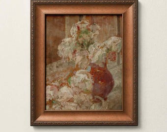 Vintage Floral Still Life Print, White Peony Bouquet Art, Impressionist Flower Painting