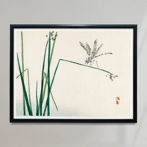 Dragonfly on Bulrush Leaf Vintage Poster, Dragonfly on Bulrush Leaf Retro Print, Japanese Antique Print, Vintage Japanese Poster | JP180