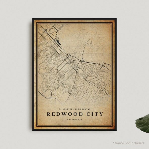 Redwood City Vintage Map Print, Redwood City Retro Map Poster, Antique Style Map, California, Office, Housewarming Birthday Gift | VU403