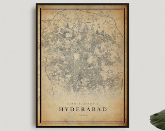 Hyderabad Vintage Map Print, Hyderabad Retro Map Poster, Antique Style Map, India, Office Wall Art, Housewarming Birthday Gift | VW139