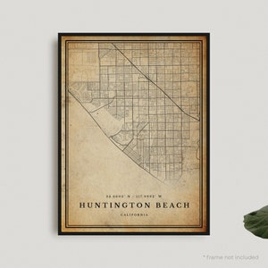 Impression de carte vintage de Huntington Beach, affiche de carte rétro de Huntington Beach, carte de Style ancien, Californie, cadeau d'anniversaire de pendaison de crémaillère | VU117