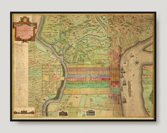 May include: An antique map of Philadelphia, Pennsylvania, from 1762. The map shows the city's streets, buildings, and waterways. The map is in a vintage style with faded colors and a worn look.