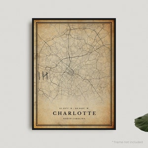 Impression de carte vintage de Charlotte, affiche de carte rétro de Charlotte, carte de Style ancien, Caroline du Nord, mur de bureau, cadeau d'anniversaire de pendaison de crémaillère | VU16