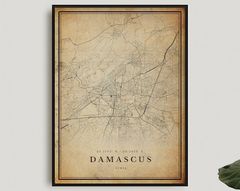 Damascus Vintage Map Print, Damascus Retro Map Poster, Antique Style Map, Syria, Office Wall Art, Housewarming Birthday Gift | VW312