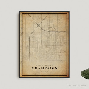 Champaign Vintage Karte Print, Champaign Retro Karte Poster, Karte im antiken Stil, Illinois, Büro Wand Kunst, Housewarming Geburtstagsgeschenk | VU385