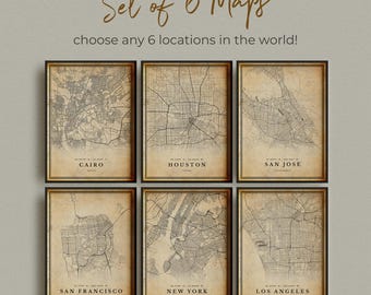 Set of 6 ANY CITY Vintage Map Posters | Personalized Antique Map Prints,  Retro Travel Wall Art for Home Office, Custom Locations, City Maps