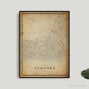 Fukuoka vintage kaartafdruk, Fukuoka retro kaartposter, kaart antieke stijl, Japan, kunst aan de muur kantoor, housewarming verjaardagscadeau | VW313