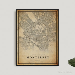 Impression de carte vintage de Monterrey, affiche de carte rétro de Monterrey, carte de style ancien, Mexique, oeuvre d'art murale de bureau, cadeau d'anniversaire de pendaison de crémaillère | VW163