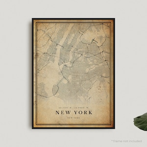 Vintage kaart New York afdrukken, poster retro kaart New York, oude stratenkaart New York, New York, kunst aan de muur kantoor, housewarming verjaardagscadeau | VU01