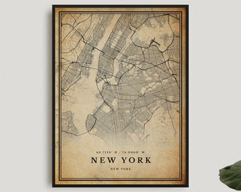 Stampa mappa vintage di New York, poster mappa retrò di New York, vecchia mappa stradale di New York, New York, arte murale per ufficio, regalo di compleanno per inaugurazione della casa / VU01