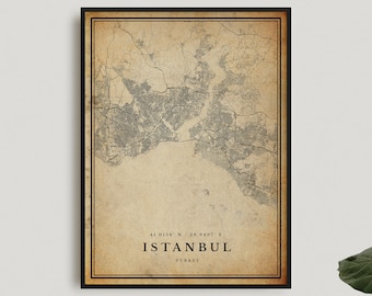 Istanbul Vintage Map Print, Istanbul Retro Map Poster, Antique Style Map, Turkey, Office Wall Art, Housewarming Birthday Gift | VW118