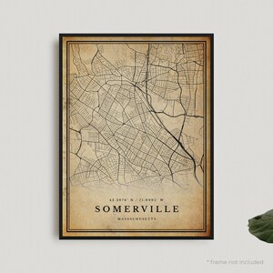 Impression de carte vintage de Somerville, affiche de carte rétro de Somerville, carte de Style ancien, Massachusetts, mur de bureau, cadeau d'anniversaire de pendaison de crémaillère | VU414