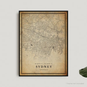 Impresión de mapa antiguo de Sídney, póster de mapa retro de Sídney, mapa de estilo antiguo, Australia, arte de pared de oficina, regalo de cumpleaños de inauguración de la casa / VW162