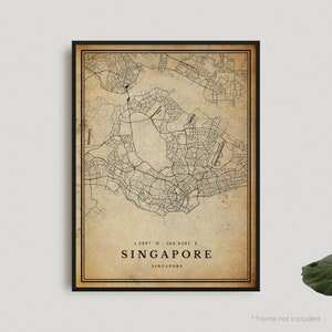 Impression de carte vintage de Singapour, affiche de carte rétro de Singapour, carte de Style ancien, Singapour, art mural bureau, cadeau d'anniversaire de pendaison de crémaillère | VW151
