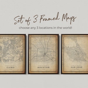 Set of 3 Framed ANY CITY Vintage Map Posters - Framed Premium Canvas - Personalized Retro Map Prints (Set of 3), Custom Locations | CU04