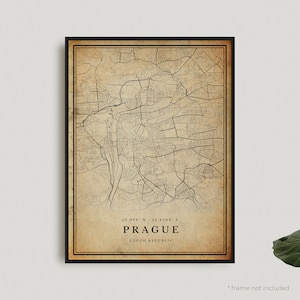 Impression de carte vintage de Prague, affiche de carte rétro de Prague, carte de style ancien, République tchèque, oeuvre d'art murale de bureau, cadeau d'anniversaire de pendaison de crémaillère | VW241