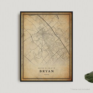 Impresión de mapa vintage de Bryan, póster de mapa retro de Bryan, mapa de estilo antiguo, Texas, arte de pared de oficina, regalo de cumpleaños de inauguración de la casa / VU416