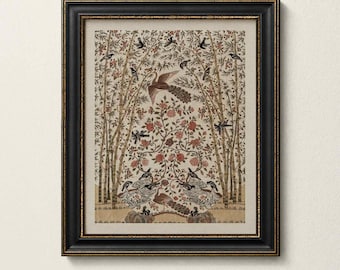 Vintage Peacock Garden Print, Chinoiserie Bird Wall Art, Botanical Nature Decor