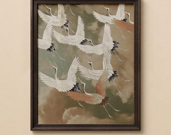 Flying Cranes Wall Art, Vintage Bird Print, Japanese Inspired Nature Art
