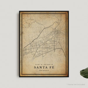 Impression de carte vintage Santa Fe, affiche de carte rétro Santa Fe, carte de Style ancien, Nouveau-Mexique, art mural bureau, cadeau d'anniversaire de pendaison de crémaillère | VU487