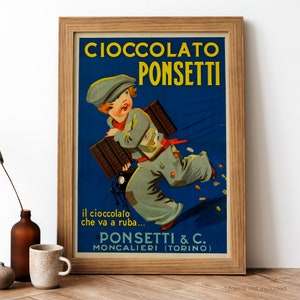 Cioccolato Ponsetti vintage poster, Italiaans eten retro print, Italiaans eten antieke print, eten en drinken vintage poster | FD192