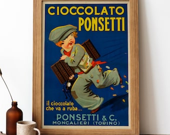 Cioccolato Ponsetti Vintage Poster, Italian Food Retro Print, Italian Food Antique Print, Food & Drink Vintage Poster | FD192