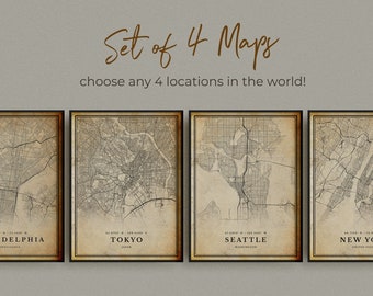 Set of 4 ANY CITY Vintage Map Posters, Personalized Retro Map Prints (Set of 4), Custom Locations, Housewarming Birthday Gift | CU03