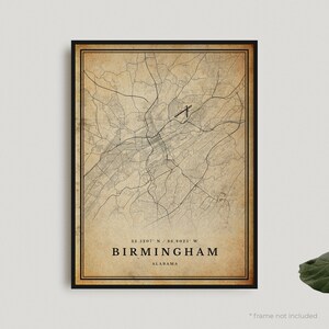 Vintage kaartafdruk Birmingham, retro kaartposter Birmingham, kaart antieke stijl, Alabama, kunst aan de muur kantoor, housewarming verjaardagscadeau | VU101