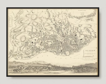 1833 Karte von Lissabon, Antike Landkarte von Lissabon, alte Historische Karte von Lissabon, Lissabon Stadtplan | MP363