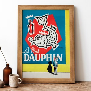 Poster vintage Les Vins Dauphin, stampa retrò di bevande francesi, stampa antica di bevande francesi, poster vintage di cibo e bevande / FD188