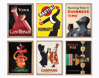 Set of 6 Vintage Alcohol Posters, Retro Liquor Ads, Beverage Antique Prints, Beer Liquor Wine Vintage Posters | SE01