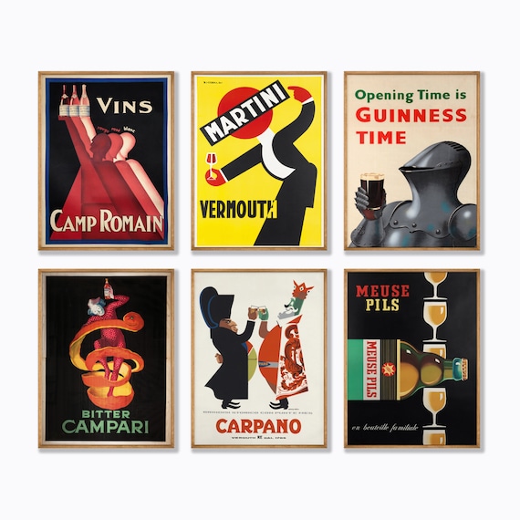Set di 6 poster alcolici vintage, pubblicità di liquori retrò, stampe  antiche di bevande, poster vintage di vino di liquori di birra / SE01 -   Italia