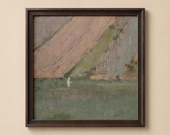 Pastoral Meadow Oil Painting Print, Lone Figure Decor, Framed Canvas, Sage Green Hillside Countryside